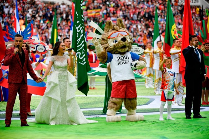 English singer Robbie Williams performs with Russian soprano Aida Garifullina as Brazilian football ledgend Ronaldo watches on at the Fifa World Cup 2018 opening ceremony. Fifa World Cup opening ceremony