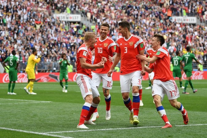 Iury Gazinsky (L) celebrates with his teammates after scoring the first goal of the Fifa World Cup 2018 Gazinsky Russia Saudi Arabia