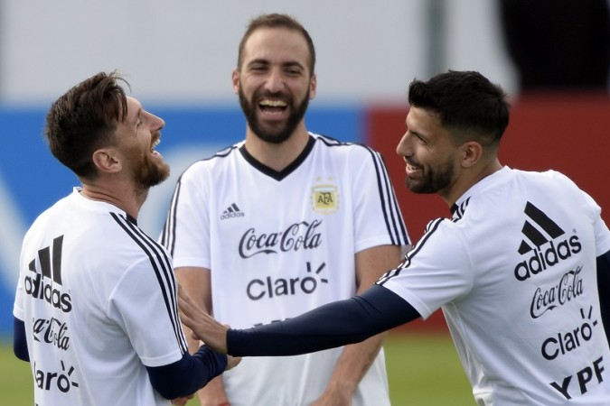 Sergio Aguero (R) will partner Lionel Messi up front with Gonzalo Higuain (C) missing out for Argentina in their Fifa World Cup 2018 opener against Iceland Lionel Messi Gonzalo Higuain Sergio Aguero Argentina