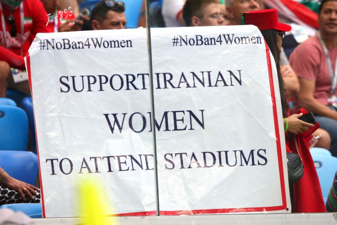 Another banner supporting Iranian women football fans at St. Petersburg. Iran football fans