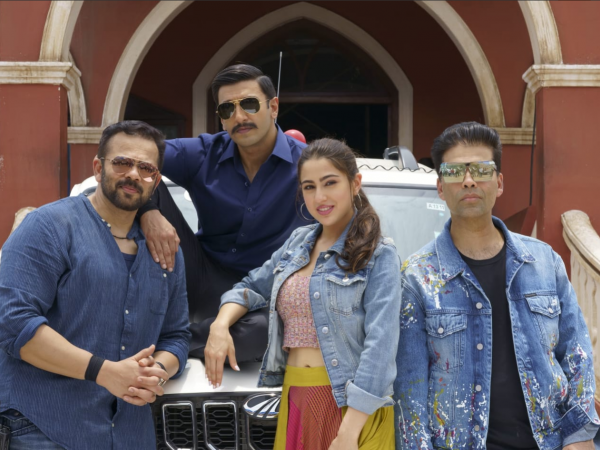 Rohit Shetty, Ranveer Singh, Sara Ali Khan and Karan Johar on the sets of Simmba in Hyderabad. Simmba, Ranveer Singh