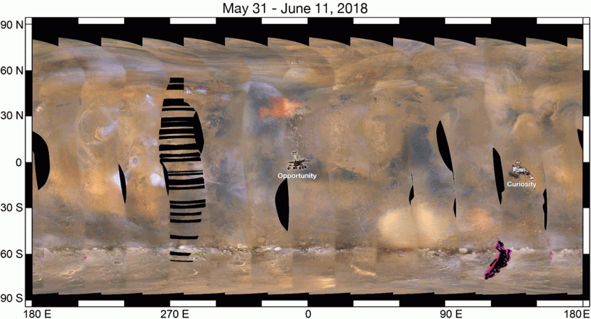 This set of images from NASA's Mars Reconnaissance Orbiter shows a fierce dust storm is kicking up on Mars, with rovers on the surface indicated as icons Martian storm