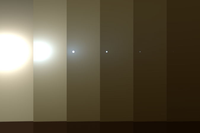 This series of images shows simulated views of a darkening Martian sky blotting out the Sun from NASA's Opportunity rover's point of view, with the right side simulating Opportunity's current view in the global dust storm (June 2018) Martian storms