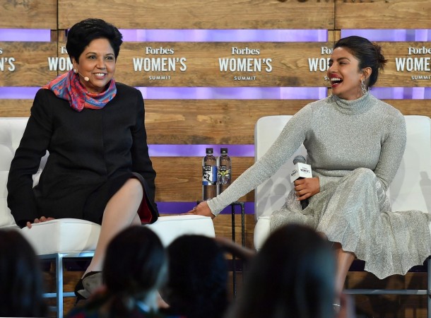 Indra Nooyi, chairman & chief executive officer, PepsiCo and Priyanka Chopra, actress, producer & activist speak onstage at the 2018 Forbes Women's Summit at Chelsea Pier on June 19, 2018 in New York City. Priyanka Chopra, Indra Nooyi