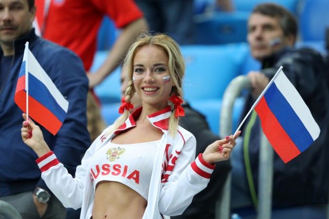 A Russia fan enjoys the pre match atmosphere prior to the 2018 FIFA World Cup Russia group. porn star Natalya Nemchinova
