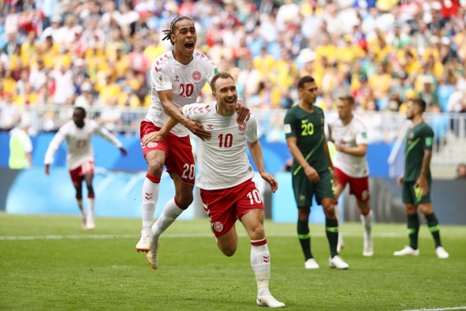 Christian Eriksen celebrates with Yussuf Poulsen after scoring for Denmark Christian Eriksen Yussuf Poulsen Denmark