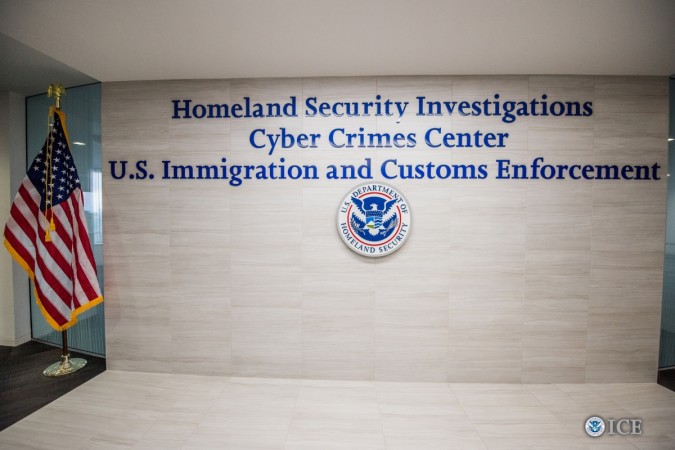 The entrance to the Immigration and Customs Enforcement (ICE) Cyber Crimes Center is seen in this U.S. Department of Homeland Security (DHS) building in Fairfax, Virginia. Immigration and Customs Enforcement