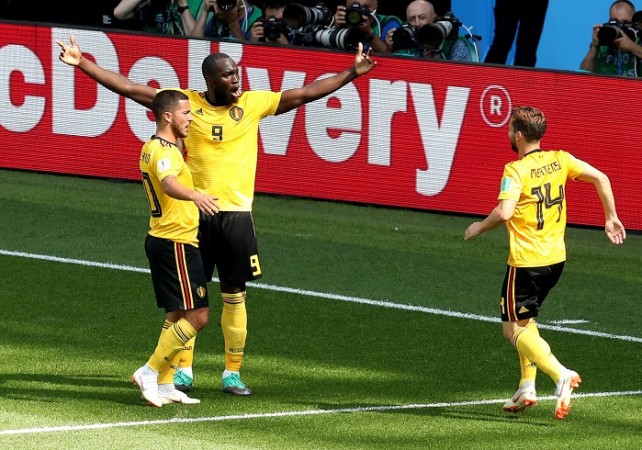 Romelu Lukaku celebrates after scoring during the round-robin stage. Hazard Lukaku Mertens Belgium