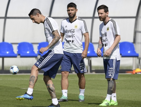 Angel Di Maria, Sergio Aguero and Lionel Messi at a training session for Argentina. Angel Di Maria Sergio Aguero Lionel Messi Argentina