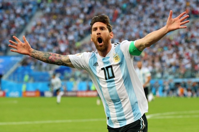 Lionel Messi celebrates after scoring the opening goal of the Argentina vs Nigeria World Cup match Lionel Messi Argentina