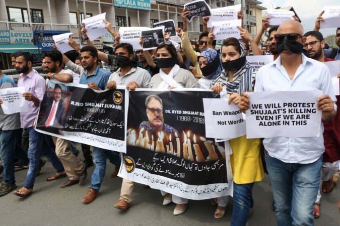 Protests staged after the murder of journalist Shujaat Bukhari. shujaat bukhari