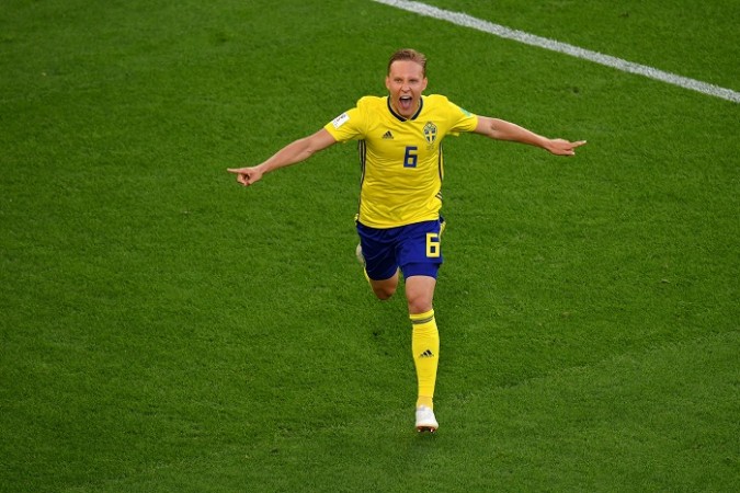 Ludwig Augustinsson cannot hide his delight after scoring the first goal for Sweden in their Fifa World Cup Group F match against Mexico Ludwig Augustinsson Sweden