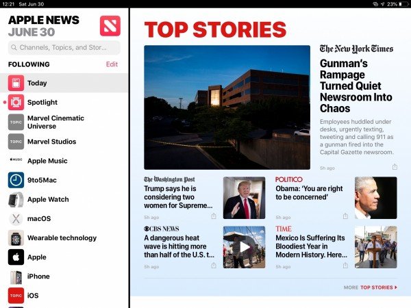 The News app in iOS 12 on iPad, with a new sidebar iPad's News App in iOS 12