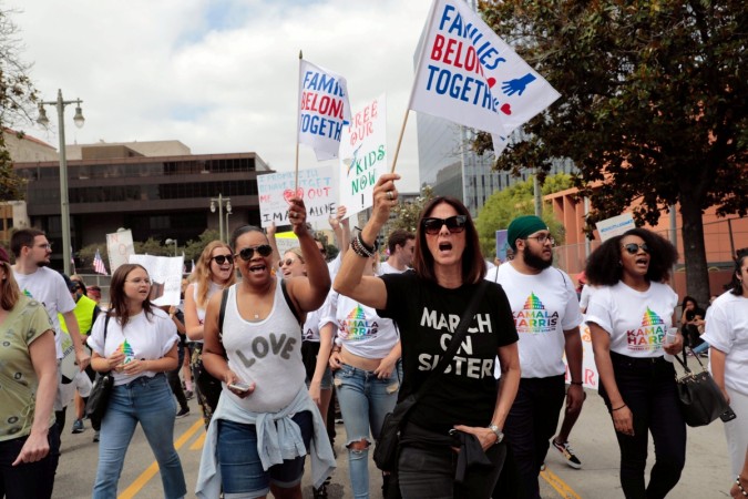 Demonstrators protest during a national day of action called Anti-Trump protest in Los Angeles