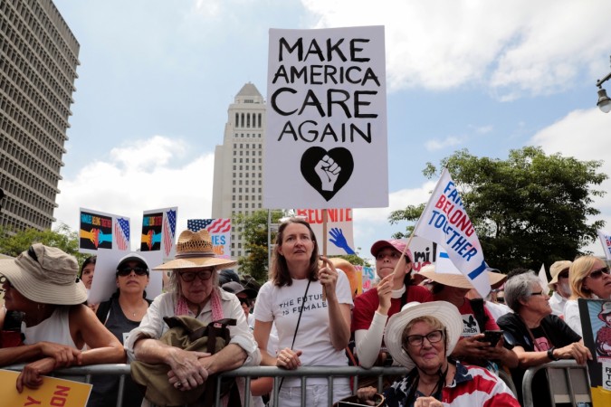 Demonstrators are seen during a national day of action called Protestors at anti-Trump protest in Los Angeles