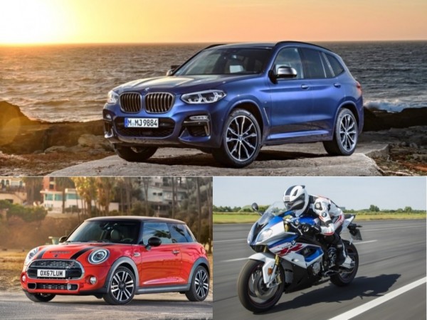 Clockwise from top: BMW X3, BMW S 1000 RR, Mini Cooper BMW Group vehicles