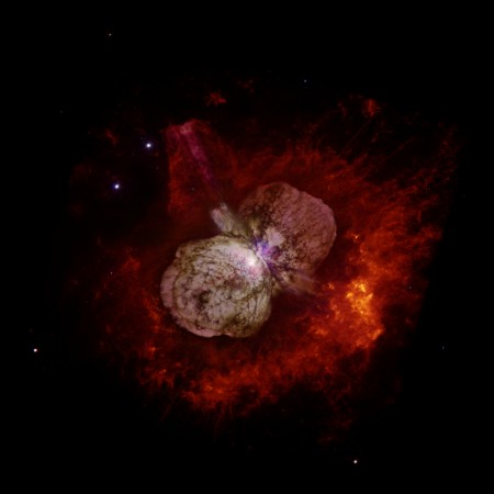 Eta Carinae's great eruption in the 1840s created the billowing Homunculus Nebula, imaged here by Hubble. Now about a light-year long, the expanding cloud contains enough material to make at least 10 copies of our Sun. Astronomers cannot yet explain what caused this eruption Eta Carinae