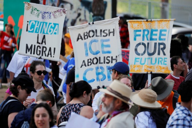 Demonstrators gather at a Protests against ICE
