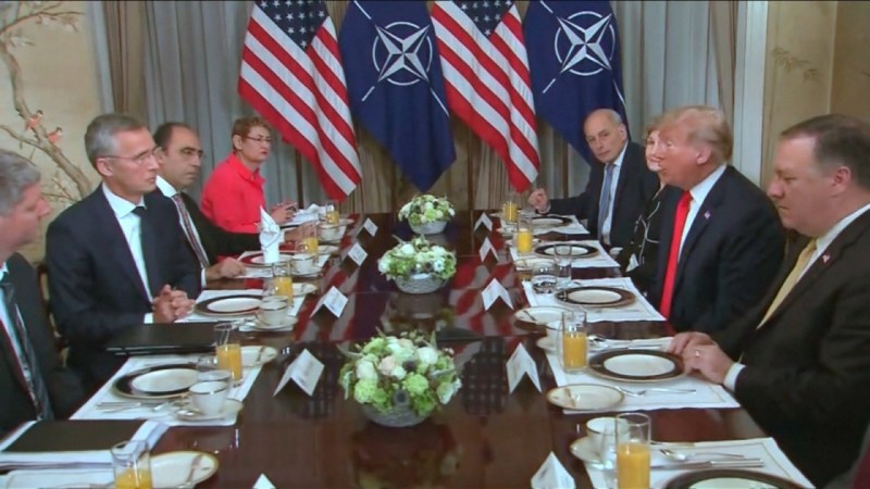 US President Donald Trump in a meeting with Nato Secretary-General Jens Stoltenberg during the Nato summit in Brussels, Begium on July 11, 2018.