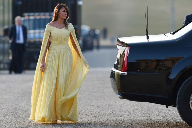 US First Lady Melania Trump arrives for a black-tie dinner with business leaders at Blenheim Palace, west of London, on July 12, 2018, as President Trump begins his first visit to the UK as US president. Melania Trump dresses