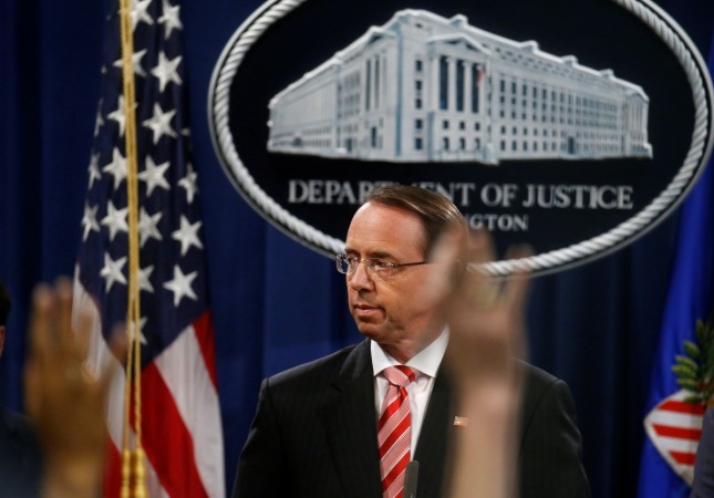 Deputy U.S. Attorney General Rod Rosenstein takes questions after announcing grand jury indictments of 12 Russian intelligence officers in special counsel Robert Mueller's Russia investigation, during a news conference at the Justice Department in Washington, US, July 13, 2018. Deputy US Attorney General Rod Rosenstein