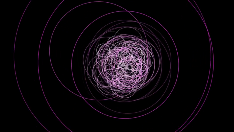 Fermi-detected gamma rays from TXS 0506 056 are shown as expanding circles. Their maximum size, color—from white (low) to magenta (high)—and associated tone indicate the energy of each ray. The first sequence shows typical emission; the second shows the 2017 flare leading to the neutrino detection. FERMI detection
