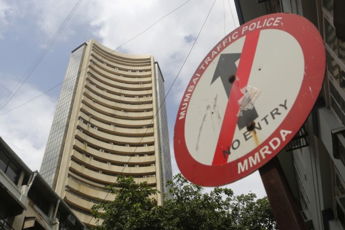 A road sign is seen next to Bombay Stock Exchange (BSE) building in Mumbai