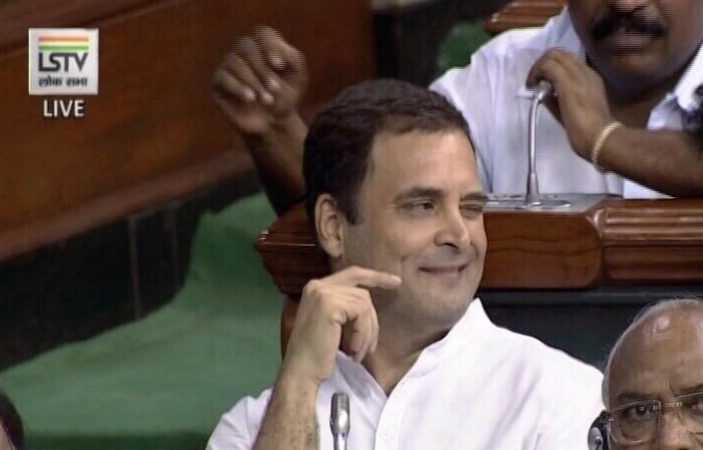 Rahul Gandhi caught on camera winking after he hugged PM Narendra Modi Rahul Gandhi wink