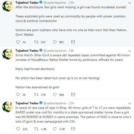 Tejashwi Yadav. tejashwi yadav on bihar rape