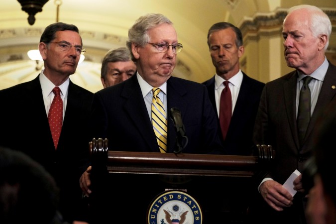 US Senate Majority Leader Mitch McConnell (R-KY) speaks to reporters at the Capitol as fallout continued over U.S. President Donald Trump's Helsinki summit with Russian President Vladimir Putin, in Washington, U.S., July 17, 2018. US Senate Majority Leader Mitch McConnell