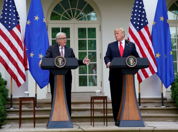 U.S. President Donald Trump and President of the European Commission Jean-Claude Juncker speak about trade relations in the Rose Garden of the White House in Washington, U.S., July 25, 2018. t Donald Trump and Jean-Claude Juncker