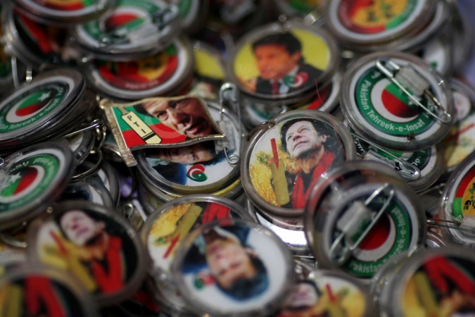 Pins with images of Imran Khan, leader of the Pakistan Tehreek-e-Insaf (PTI), are pictured at a market a day after general election in Islamabad, Pakistan, July 26, 2018. PTI Imran Khan