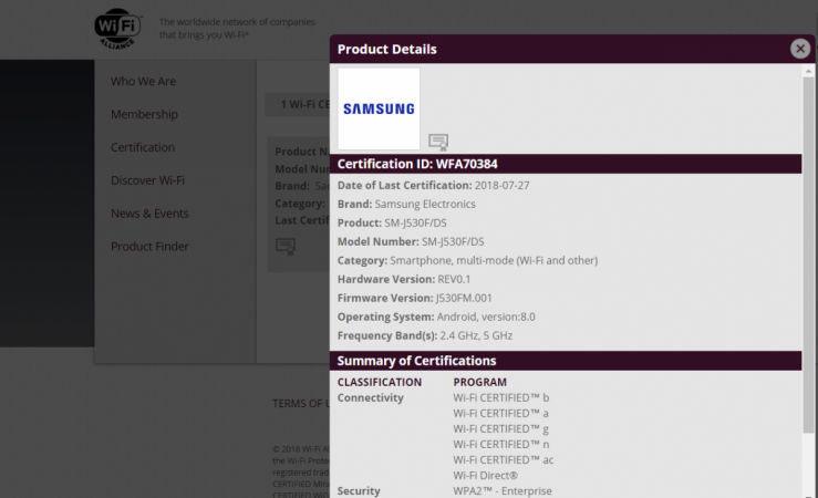 Samsung Galaxy J5 (2017) will soon get Android Oreo soon. Samsung, Galaxy J5, 2017, Android Oreo, Wi-Fi Alliance