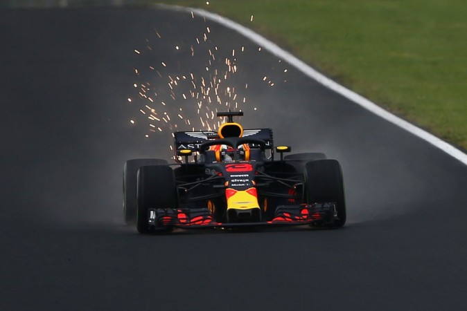 Sparks fly behind Daniel Ricciardo's Red Bull Racing RB14 TAG Heuer on track during Grand Prix of Hungary at Hungaroring on July 28, 2018 Daniel Ricciardo