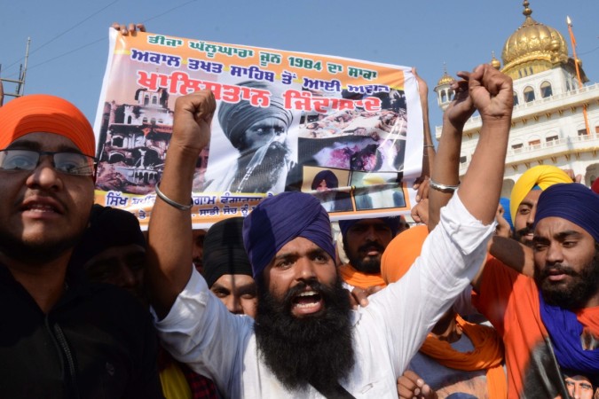 Sikh activists from radical Sikh organisations shout slogans in support of Khalistan Khalistan supporters