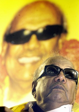 President of India's Dravida Munnetra Kazhagam (DMK) party M.Karunanidhi looks on during a public meeting in Madras 03 June 2004. DMK organised the meeting attended by thousands of party supporters and well wishers to celebrate the 81st birthday of Karunanidhi. DMK chief M Karunanidhi