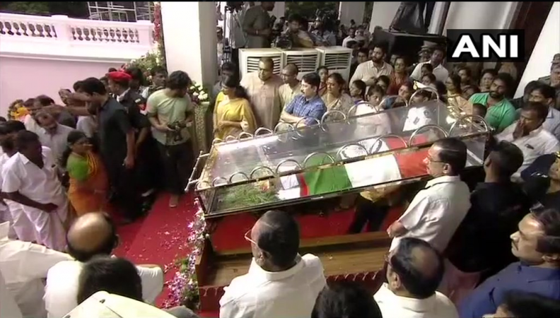 The mortal remains of Karunanidhi has been kept at the Rajaji Hall in Chennai Karunanidhi
