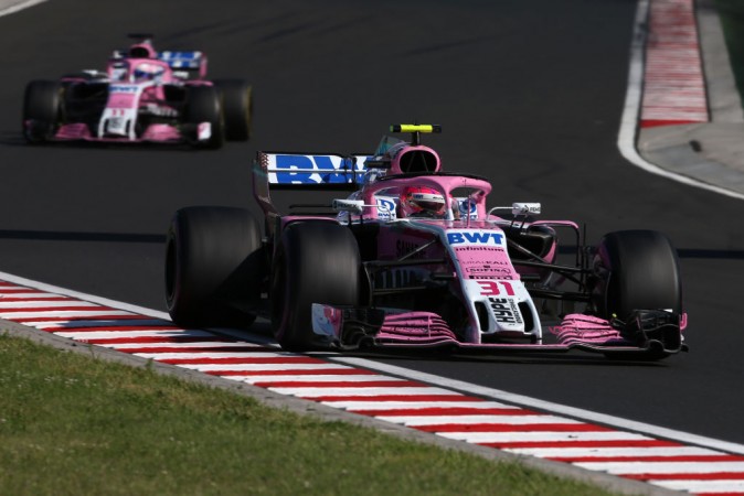 Esteban Ocon driving the Sahara Force India F1 Team VJM11 Mercedes leads teammate Sergio Perez during the Grand Prix of Hungary at Hungaroring on July 29, 2018. Sahara Force India F1 Team