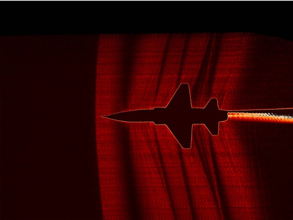 NASA used a U.S. Air Force Test Pilot School T-38 aircraft and cameras with a special filter on the ground to capture images of shockwaves coming off the aircraft sound waves
