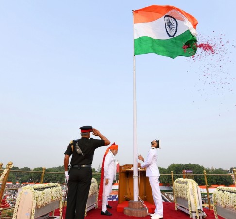 Caption: New Delhi: Prime Minister Narendra Modi unfurls the Tricolour flag at the ramparts of Red Fort, on the occasion of 72nd Independence Day, in Delhi on August 15, 2018. independence day