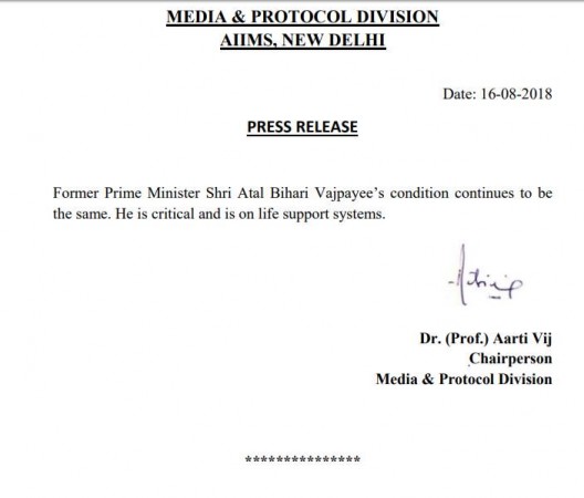 AIIMS medical bulletin on Vajpayee's health. Atal Bihari Vajpayee