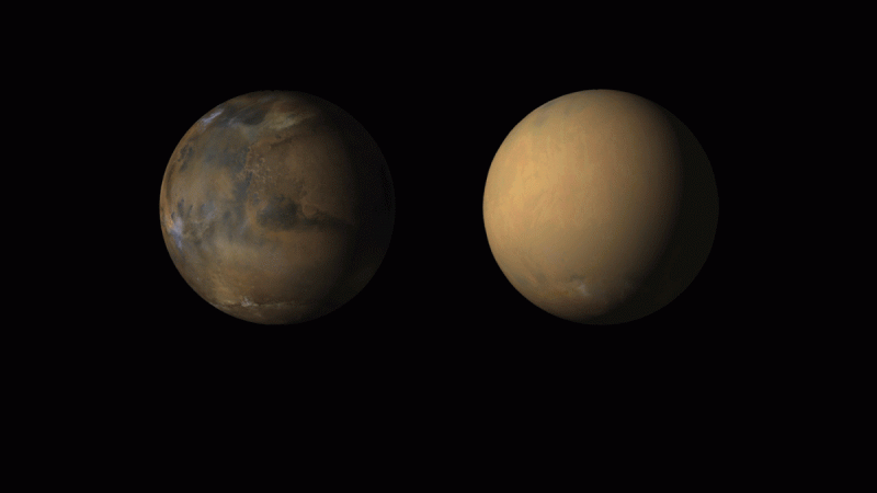 Side-by-side movies shows how dust has enveloped the Red Planet, courtesy of the Mars Color Imager (MARCI) wide-angle camera onboard NASA's Mars Reconnaissance Orbiter (MRO) Mars storm