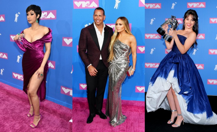 From the left: Cardi B, Alex Rodriguez and Jennifer Lopez, and Camila Cabello. MTV VMAs 2018 red carpet