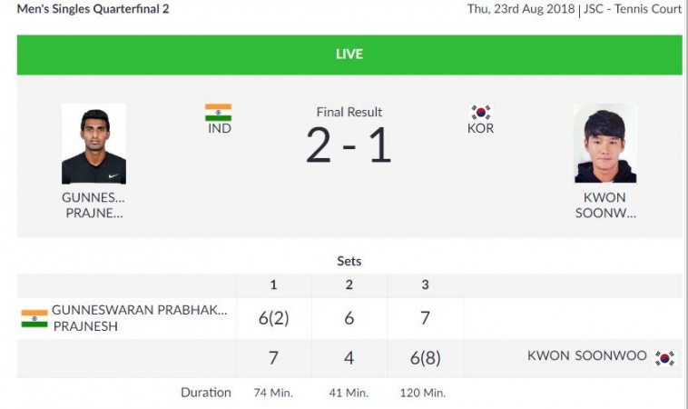Prajnesh Gunneswaran men's singles quarter-final Asian Games reuslts