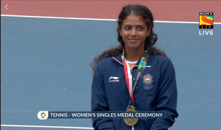Ankita Raina at women's singles tennis medal ceremony at Asian Games. Ankita Raina
