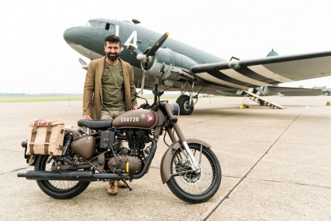 CEO of Royal Enfield Siddhartha Lal poses with the newly launched 'Classic 500 Pegasus' motorcycle on May 21, 2018 in Duxford, England. Royal Enfield Classic 500 Pegasus