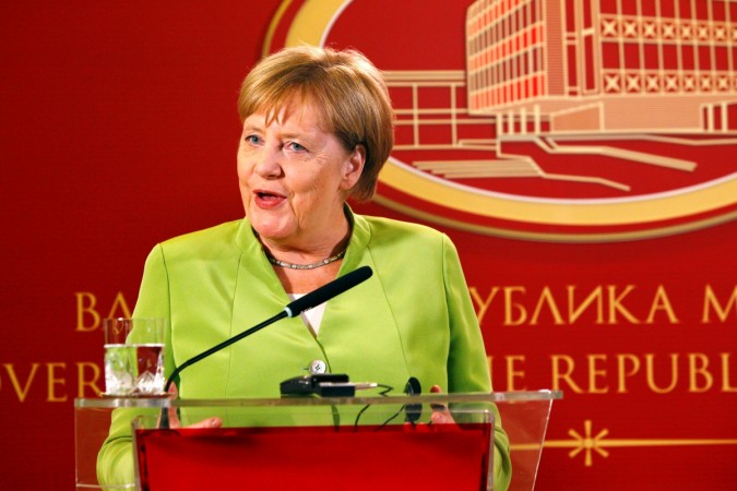 German Chancellor Angela Merkel speaks during a news conference in Skopje Merkel