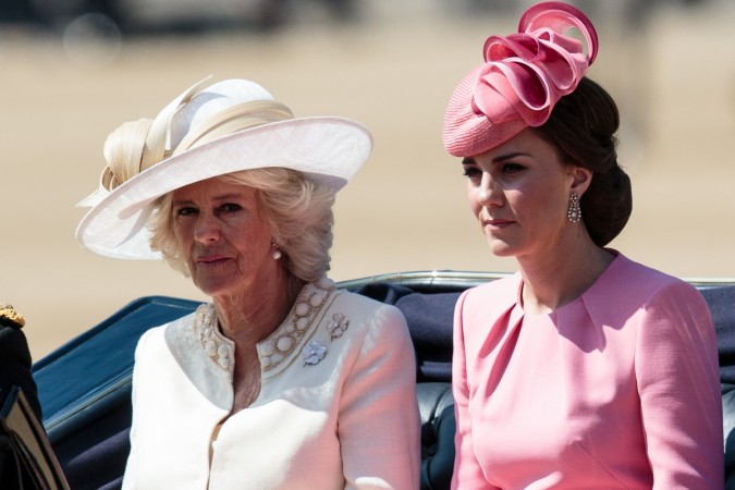LONDON, ENGLAND - JUNE 17: Camilla, Duchess of Cornwall (L) and the Catherine, Duchess of Cambridge (R) arrive at Horse Guards Parade for the annual Trooping The Colour parade on June 17, 2017 in London, England. The annual ceremony is Queen Elizabeth II's birthday parade and dates back to the 17th Century when the Colours of a regiment were used as a rallying point in battle. Camilla and Kate