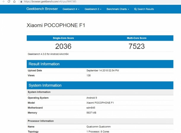 Pocophone F1 spotted on Geekbench performance testing site Poco F1, Android Pie, Geekbench, Pocophone F1, testing