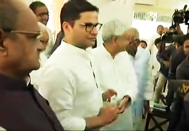 Prashant Kishor with Bihar Chief Minister Nitish Kumar and JD(U) leader KC Tyagi in Patna on Sunday. PRASHANT KISHOR